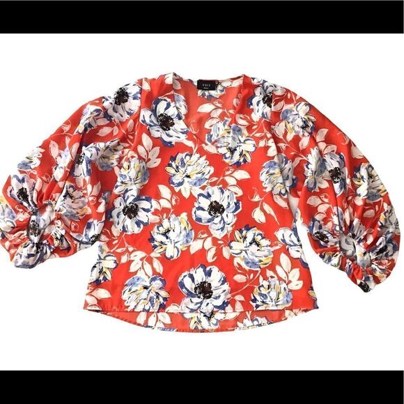VICI V-Neck Red Floral Print Balloon 3/4 Sleeve Blouse Top - Picture 5 of 7